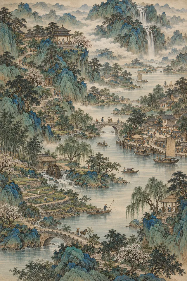 青绿群山与沿河村落